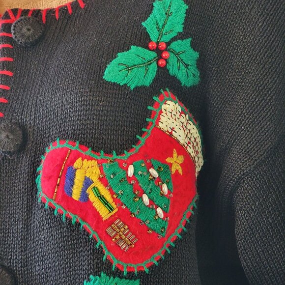 Vintage Christmas Cardigan Sweater With Embroidered Stockings & Holly - Picture 6 of 16